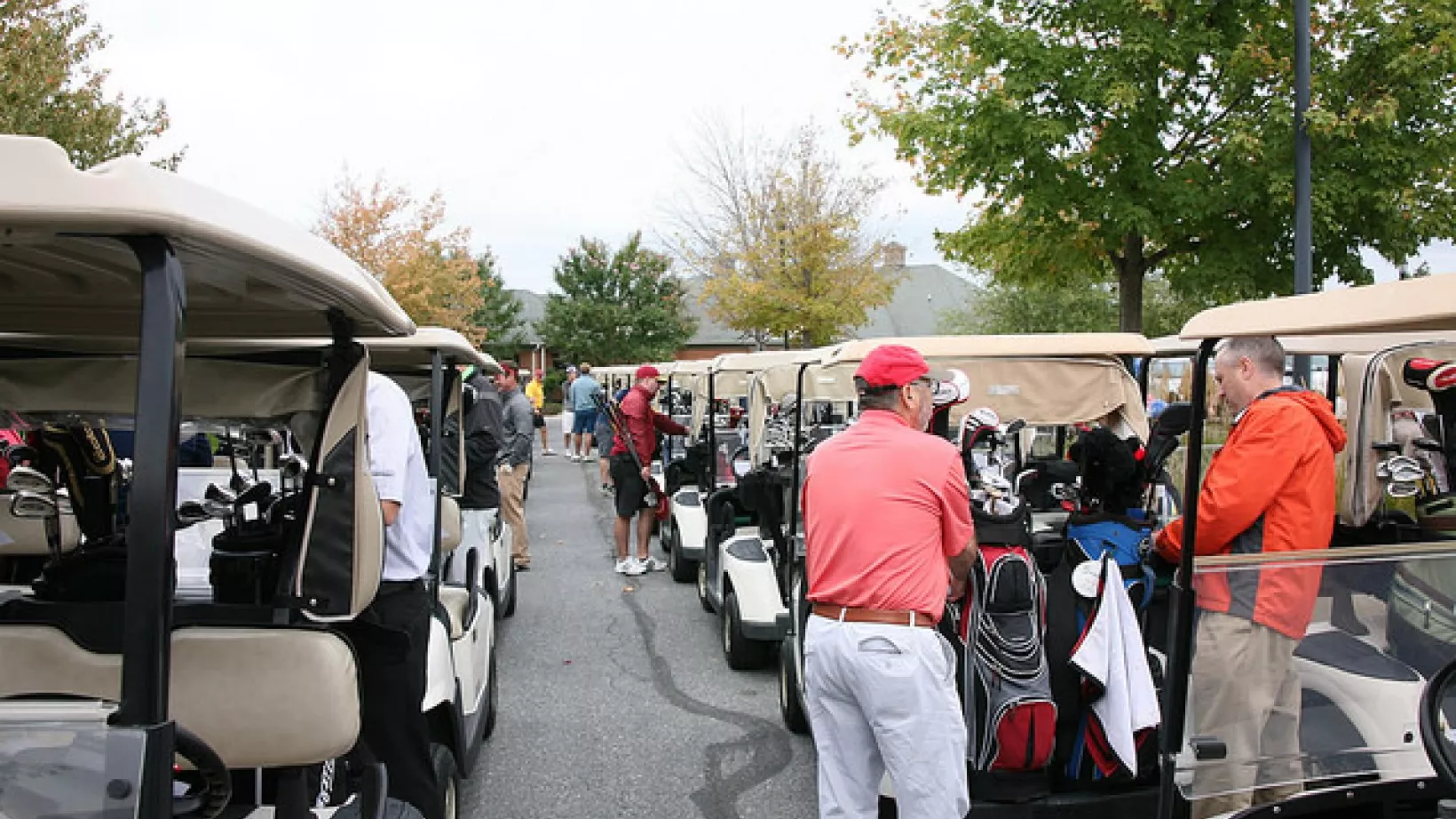 Golf carts in cue