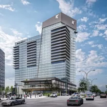 Exterior shot of a hotel and condo