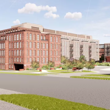 Rendering of an apartment building in the day.