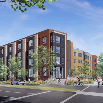 Rendering of an apartment building in the day.