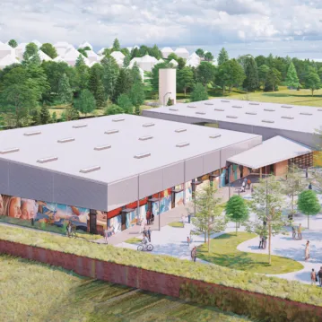 Rendering of a single story mass timber facility