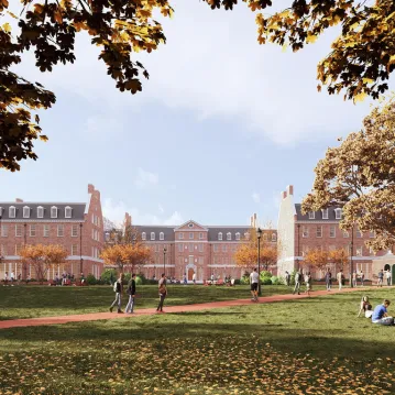 Rendering of a college residence hall and dining facility