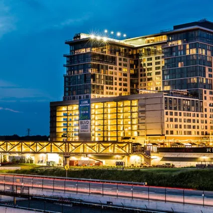 building lit up at night