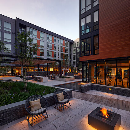 Arrowwood Apartments courtyard at dusk