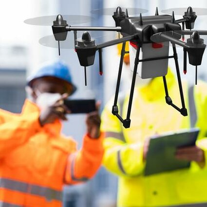 Two construction workers operate a drone