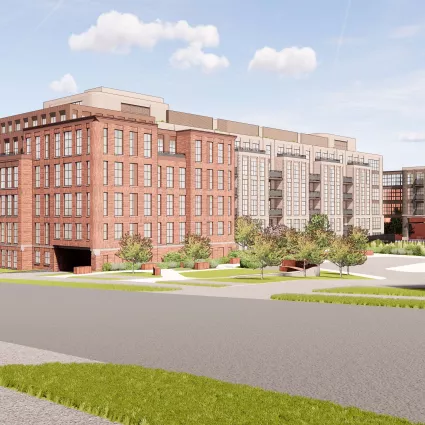 Rendering of an apartment building in the day.