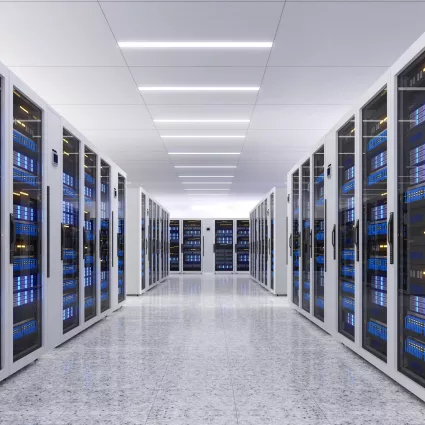 Data center room with multiple rows of server racks