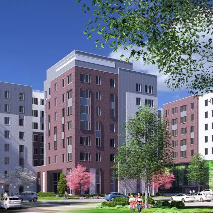 Rendering of the exterior of an apartment building