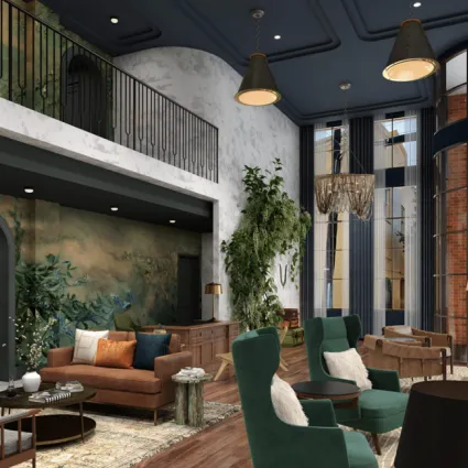 Rendering of a hotel lobby