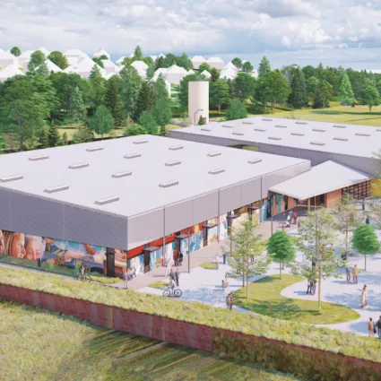 Rendering of a single story mass timber facility