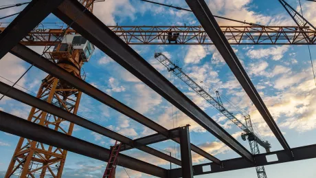 view of underside of steel beams at construction site
