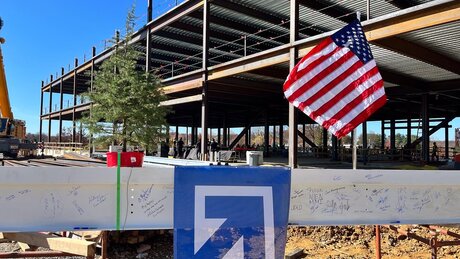 Construction beam with DAVIS logo, a tree, and an American flag