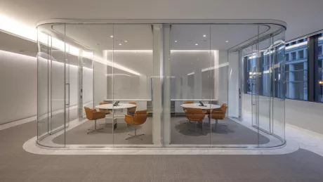 A conference room with transparent demountable partitions