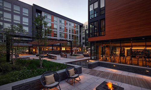 Arrowwood Apartments courtyard at dusk