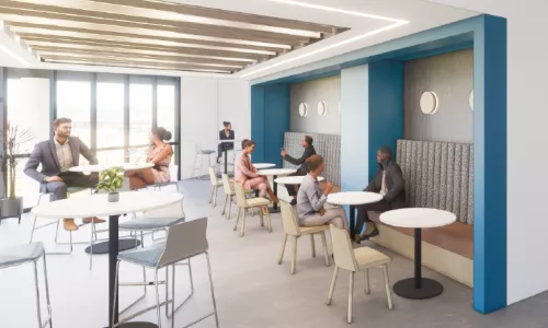 Rendering of an office kitchen with high-top tables and booths.