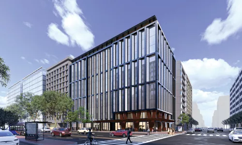 Rendering of an apartment building in the day.