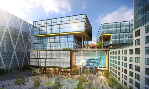 Rendering of several buildings and a pedestrian plaza