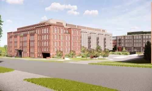 Rendering of an apartment building in the day.
