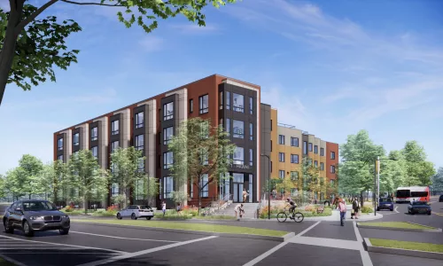 Rendering of an apartment building in the day.