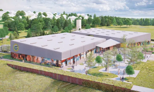 Rendering of a single story mass timber facility