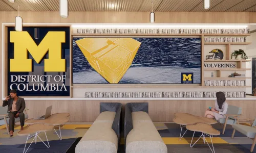 Rendering of a lounge in a University of Michigan alumni center