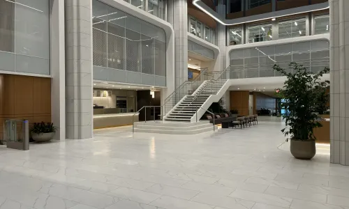 Interior shot of a lobby and staircase