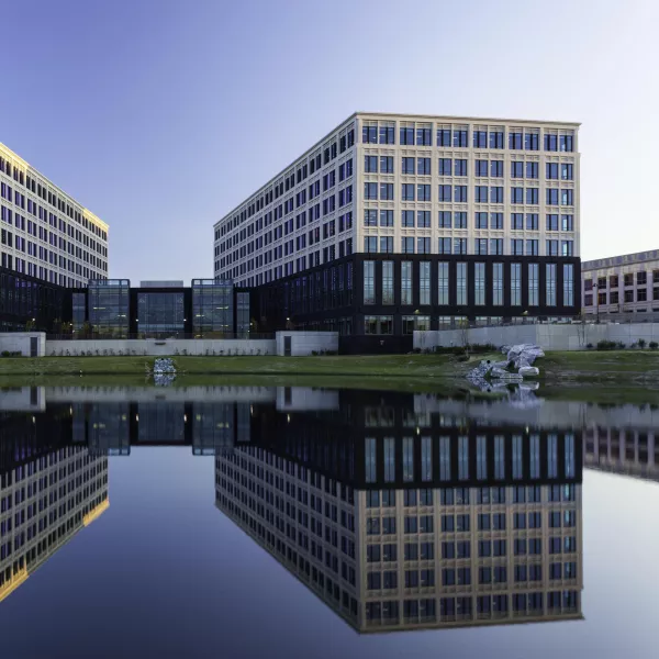 body of water in front of building