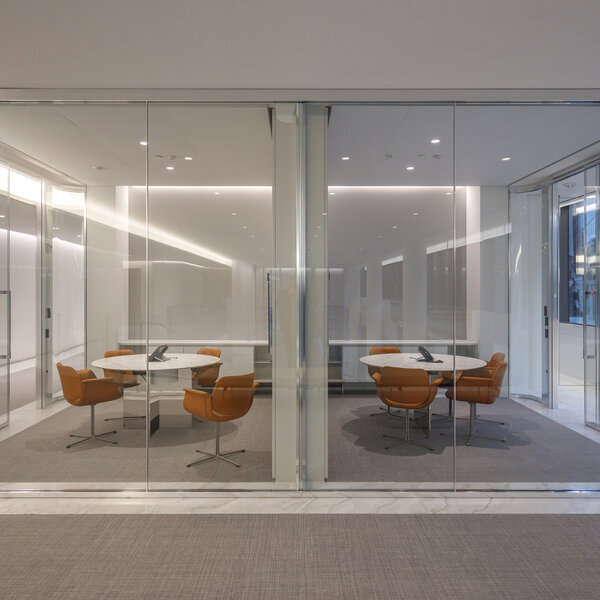 A conference room with transparent demountable partitions