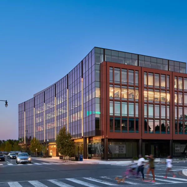 Build exterior on street corner corner during sunset