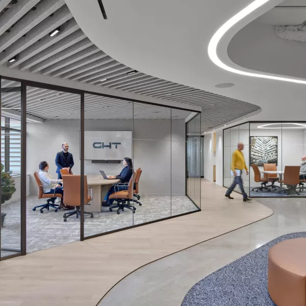 Modern office space featuring conference rooms