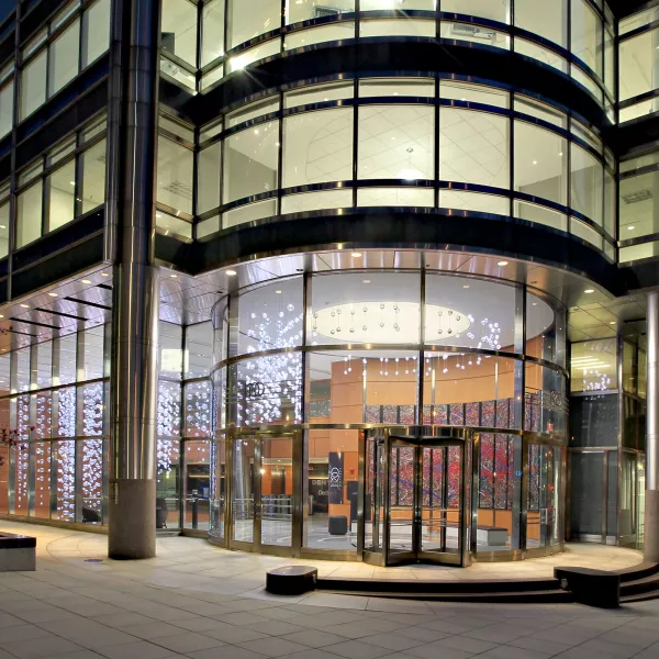 Lobby from outside at night.