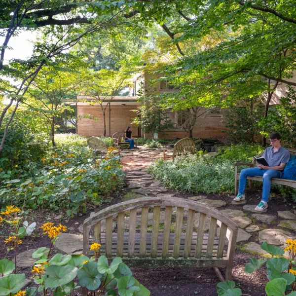 Courtyard of a dormitory, with students sitting on benches and rock paths