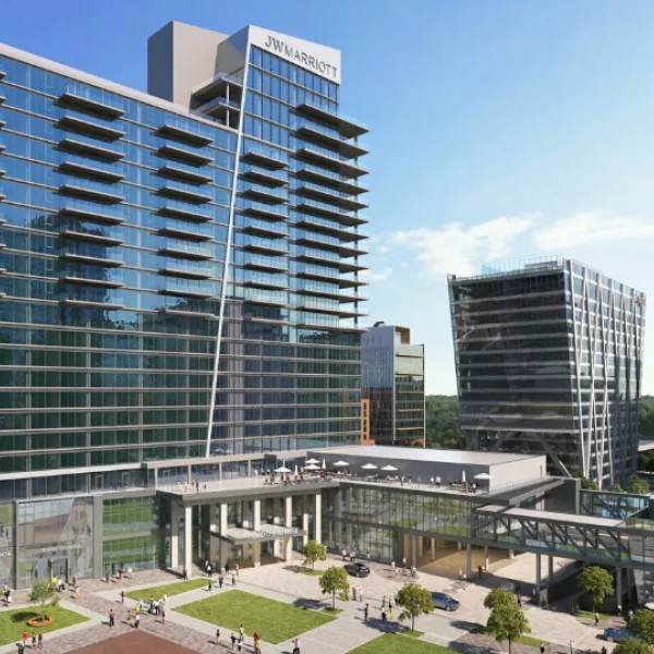 Exterior shot of a hotel and condo complex