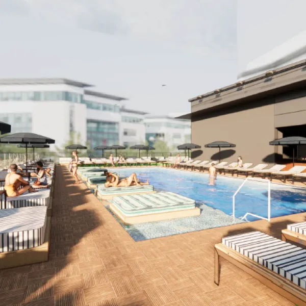 Rendering of a rooftop pool with deck chairs and people swimming