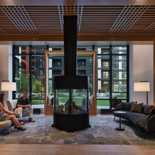 Interior room with fireplace.