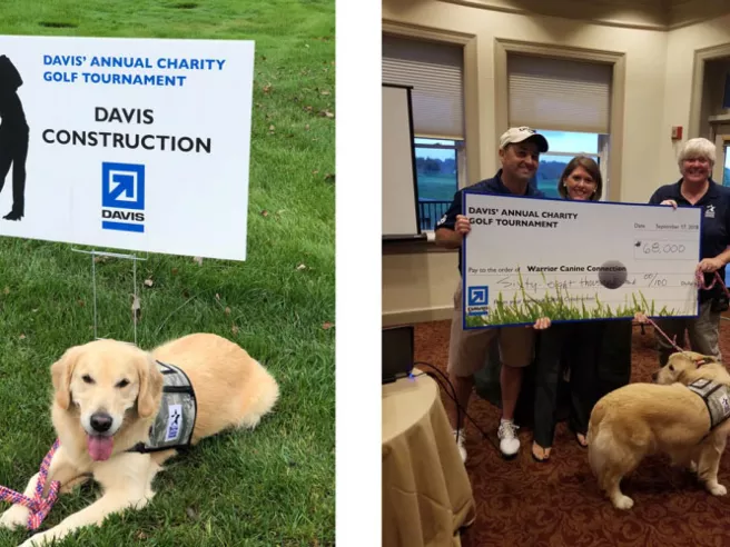 photo of golden retrieve with therapy dog indicator laying on lawn in front of golf tournament sign